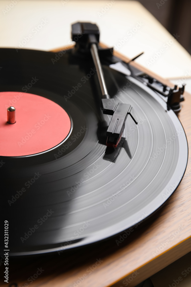 Modern vinyl record player with disc, closeup - obrazy, fototapety, plakaty 