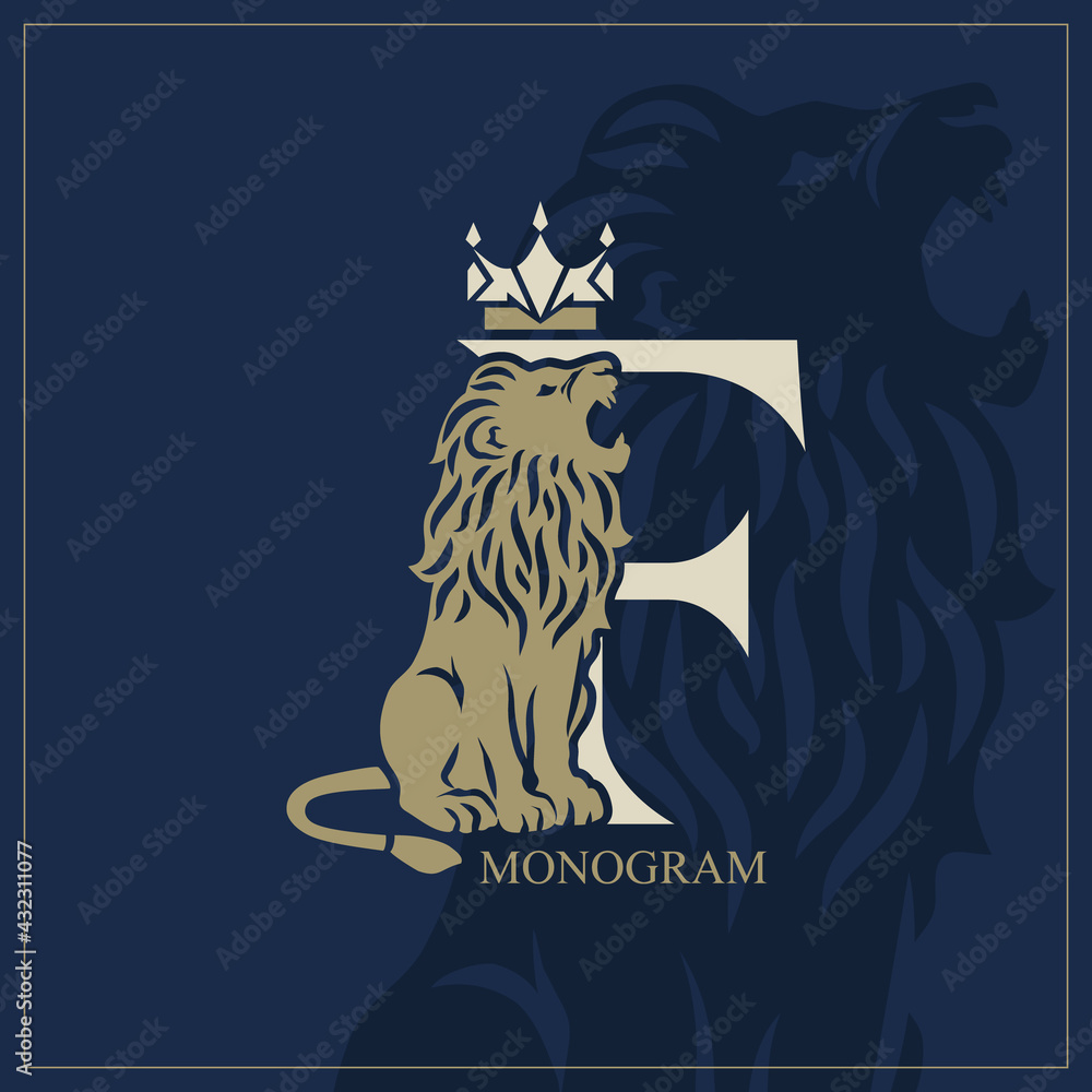 Letter F with Roaring Lion. Artistic Design. Crown is at the Top ...