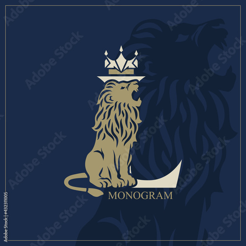 Letter L with Roaring Lion. Artistic Design. Crown is at the Top. Creative Logo with Royal Character. Luxury Style. Silhouette of a Wild Beast on the Background. Animal Emblem. Vector Illustration