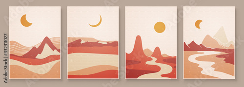 Abstract landscape composition art with sun and moon. Earth tones colors wall art. Soft color painting house decor. Minimalistic background design. Vector illustration.
