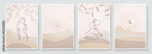 Abstract composition art with nude woman in nature landscape. Wall art in beige, ivory, champagne colors. Soft color painting house decor. Minimalistic background design. Vector illustration.