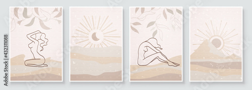 Abstract composition art with nude woman in nature landscape. Wall art in beige, ivory, champagne colors. Soft color painting house decor. Minimalistic background design. Vector illustration.