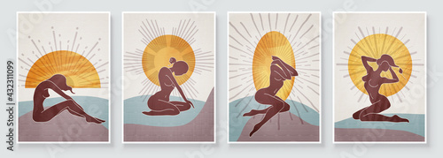 Abstract composition art with nude woman in sunrise or sunset. Earth tones colors wall art decor. Soft color painting boho style background. Minimalistic background design. Vector illustration.