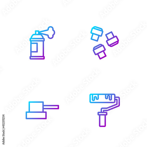 Set line Paint roller brush, Spray can nozzle cap, spray and Marker pen attachment. Gradient color icons. Vector