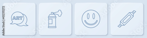 Set line Speech bubble with text art, Smile face, Paint spray can and Marker pen. White square button. Vector