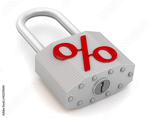 Fixed rate. Labeled padlock. Padlock with a red symbol of PERCENT. Financial concept. Isolated. 3D illustration