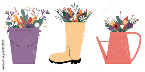 Cute vector set with garden design elements.Wildflowers in a rubber boot, in a watering can and in a bucket.Spring composition.Colorful vector illustration in flat style isolated on white background