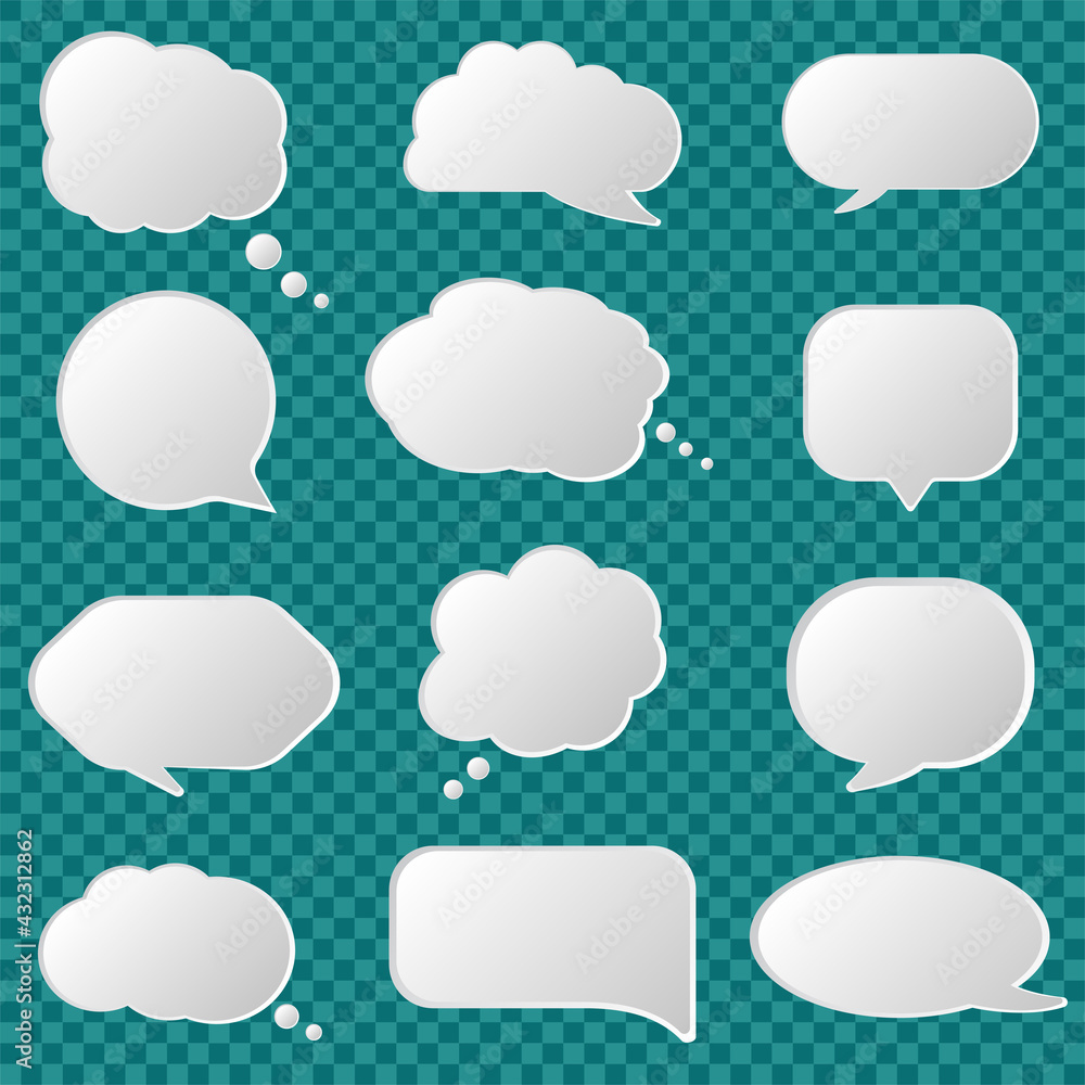 Set of speech bubble. Different shape of empty balloons for talk on isolated background. Dialog box icon, message template isolated on transparent background. Vector illustration Set of speech bubble. Different shape of empty balloons for talk on isolated background. Dialog box icon, message template isolated on transparent background. Vector illustration