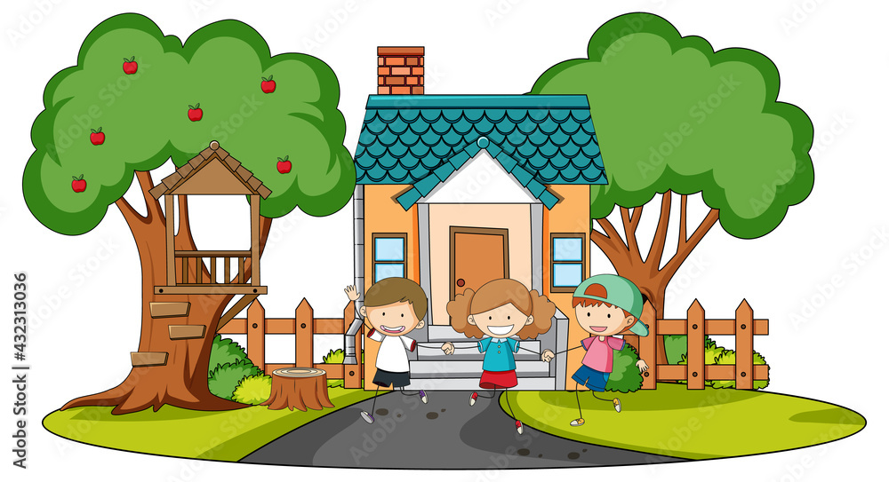 Front view of mini house with many kids on white background Front view of mini house with many kids on white background