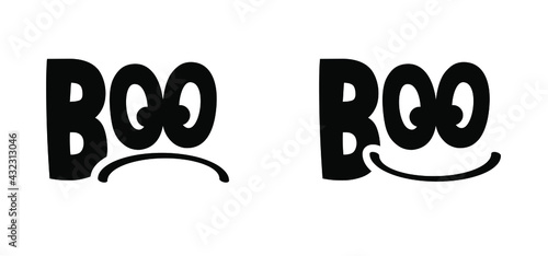 Slogan boo with eyeballs and no smiling face. Happy halloween party on 31 october fest. Ghosts pictogram. Flat vector ghost sign. Cartoon spook seamless pattern. Zombie, monster, spooky symbol.