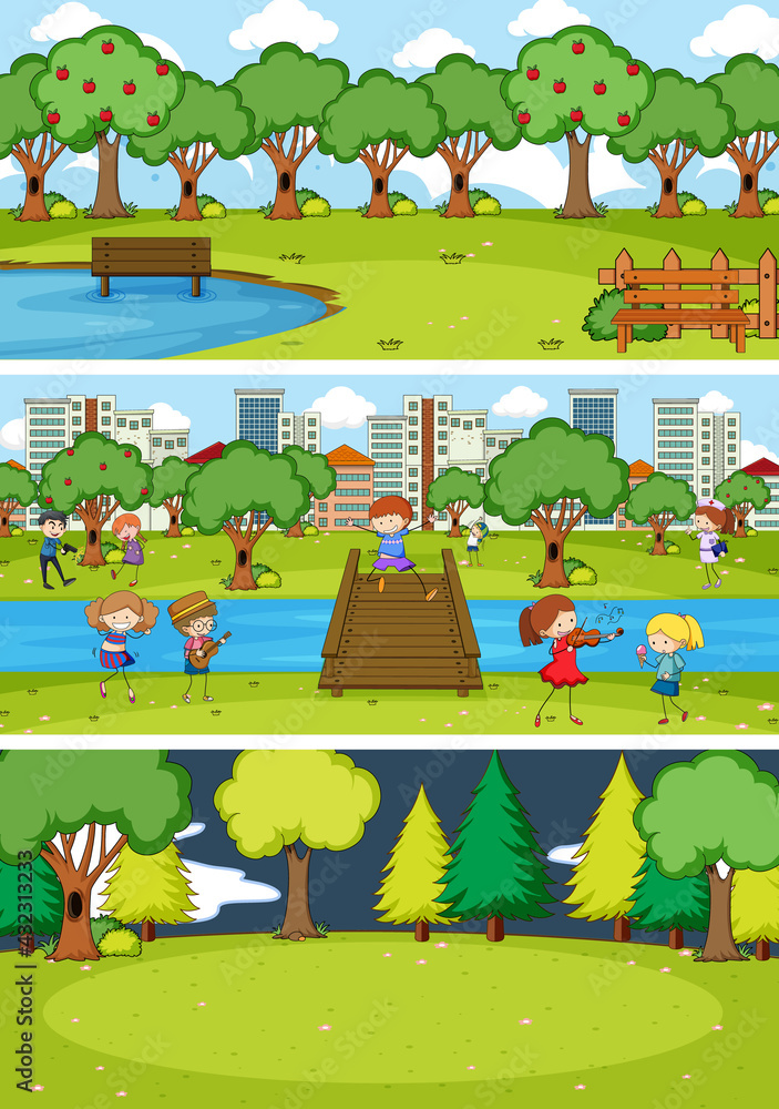 Fototapeta premium Set of different horizon scenes background with doodle kids cartoon character