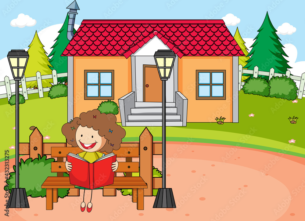 Front house scene with a girl reading book sitting on bench Front house scene with a girl reading book sitting on bench