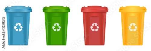 Realistic set of color recycle bin icons isolated on white background. Red, Green, Blue, Yellow, Buckets. For Paper, Glass, Metal, Plastic Recycling Waste Sorting. vector illustration eps 10