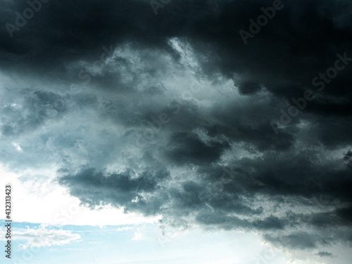 Dramatic dark grey clouds sky with storm and rain.