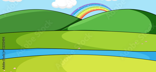 Empty park landscape scene with rainbow behide the mountain