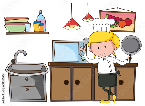Little chef with kitchen equipments on white background