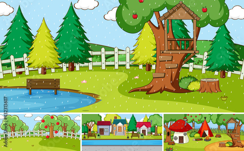 Set of different nature scenes cartoon style