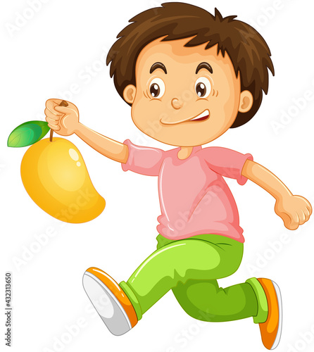 A boy holding mango fruit cartoon character isolated on white background