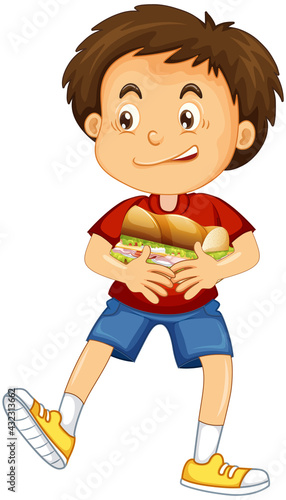 A boy holding food cartoon character isolated on white background