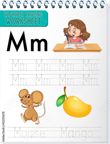Alphabet tracing worksheet with letter and vocabulary