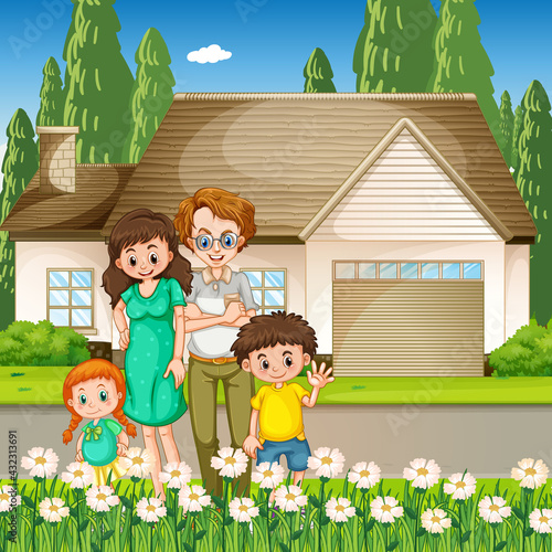 Happy family standing outside home