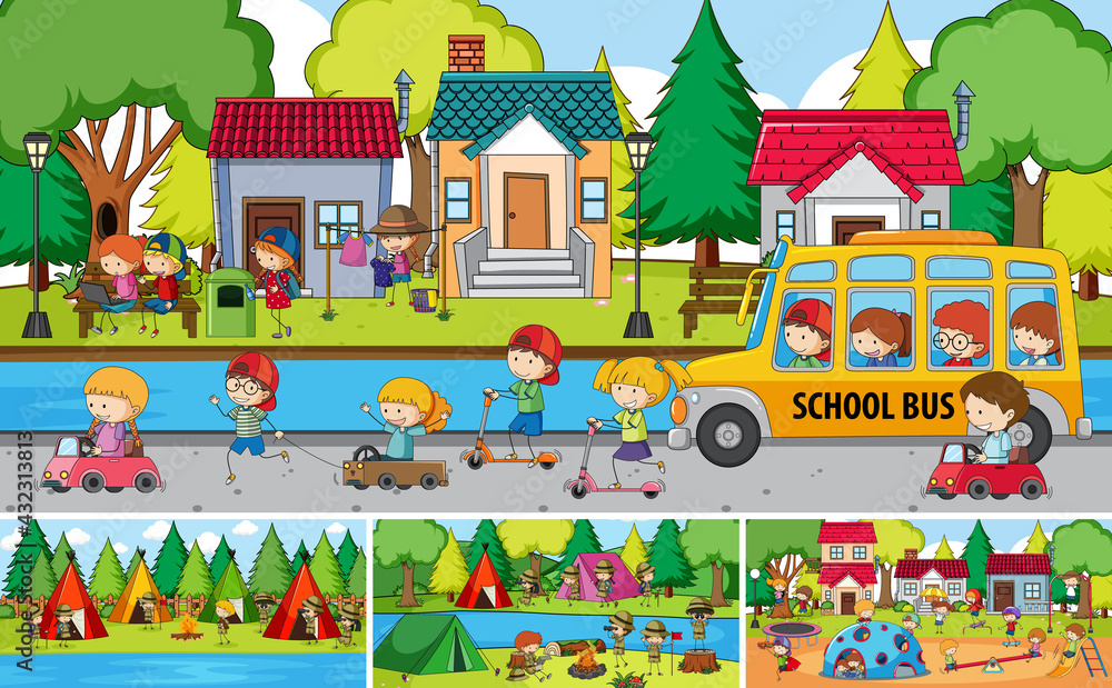 Obraz premium Outdoor scene set with many kids doodle cartoon character