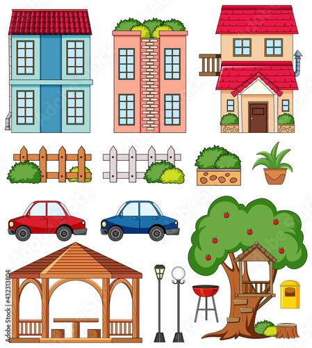 A house with outdoor decoration set isolated