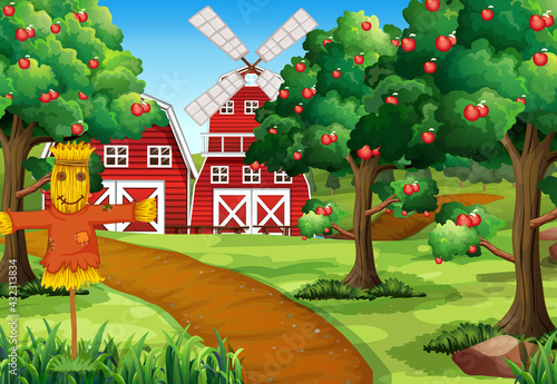 Farm scene with red barn and windmill