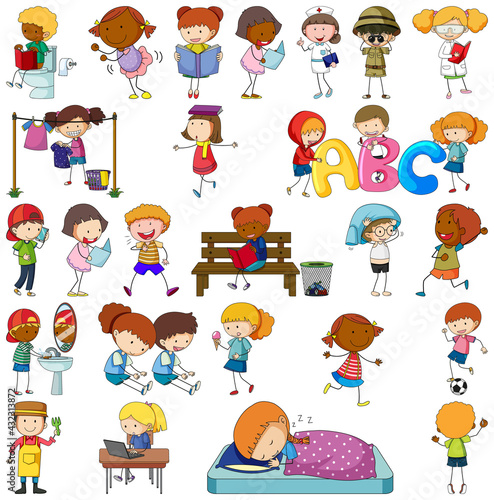 Set of different doodle kids cartoon character