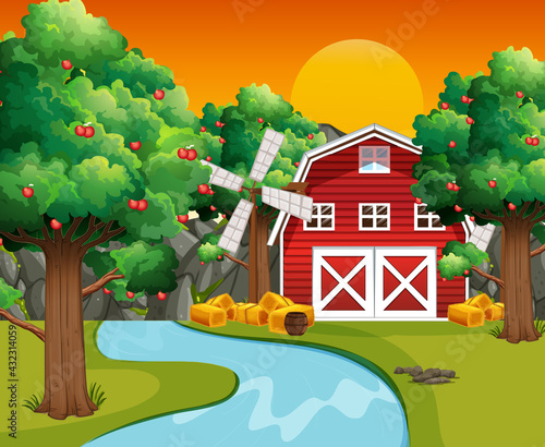 Farm scene with red barn and windmill