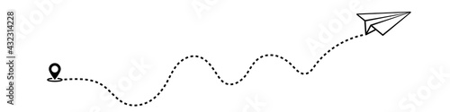 Paper plane with dushed line, isolated on white background. Flight of the plane from the start point along the trajectory. vector illustration eps 10