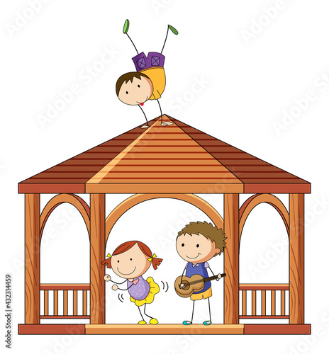 Many kids doing different activities in gazebo