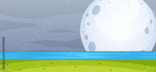 Empty park scene at night with the big moon in simple style