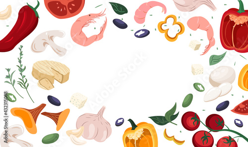 Ad banner for pizzeria with realistic italian food ingredients and place for text on white background. Promotion template for cooking courses restaurant or cafe. Colored hand-drawn vector illustration