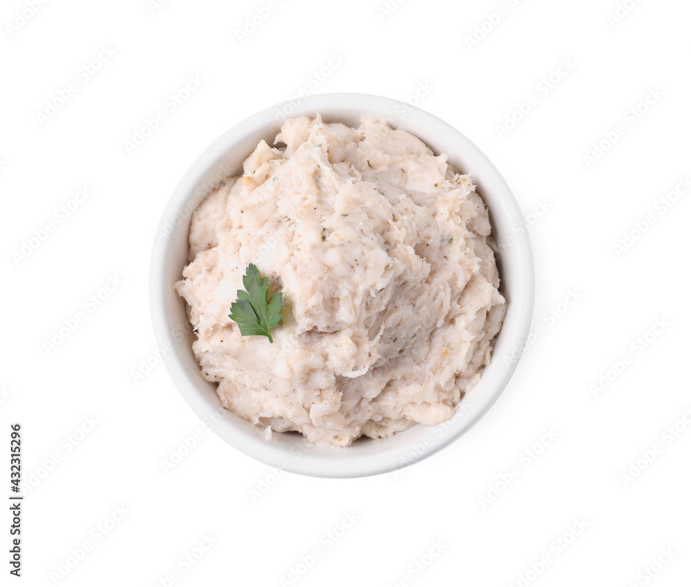Lard spread in bowl isolated on white, top view Lard spread in bowl isolated on white, top view