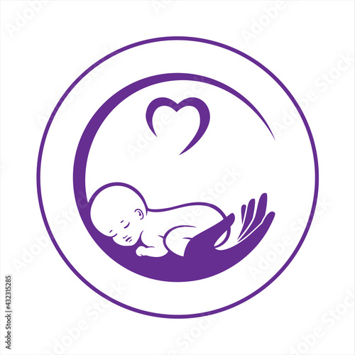 baby sleeping in hand. Logo of baby care, family love, protection, pregnancy. Concept of protect child. Parent's hands. Childbearing. Newborn baby in safety. Symbol of in vitro fertilization. Vector