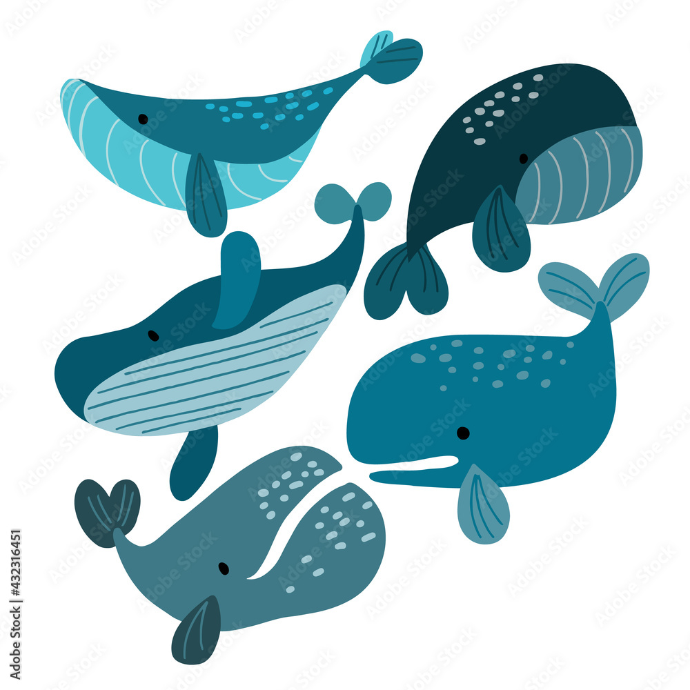 Obraz premium Vector set of cute and funny ocean whales, humpback, blue whale, cachalot