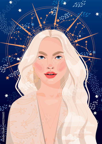 portrait of an esoteric girl. astrologer. zodiac signs. crown. starry sky. postcard poster avatar calendar