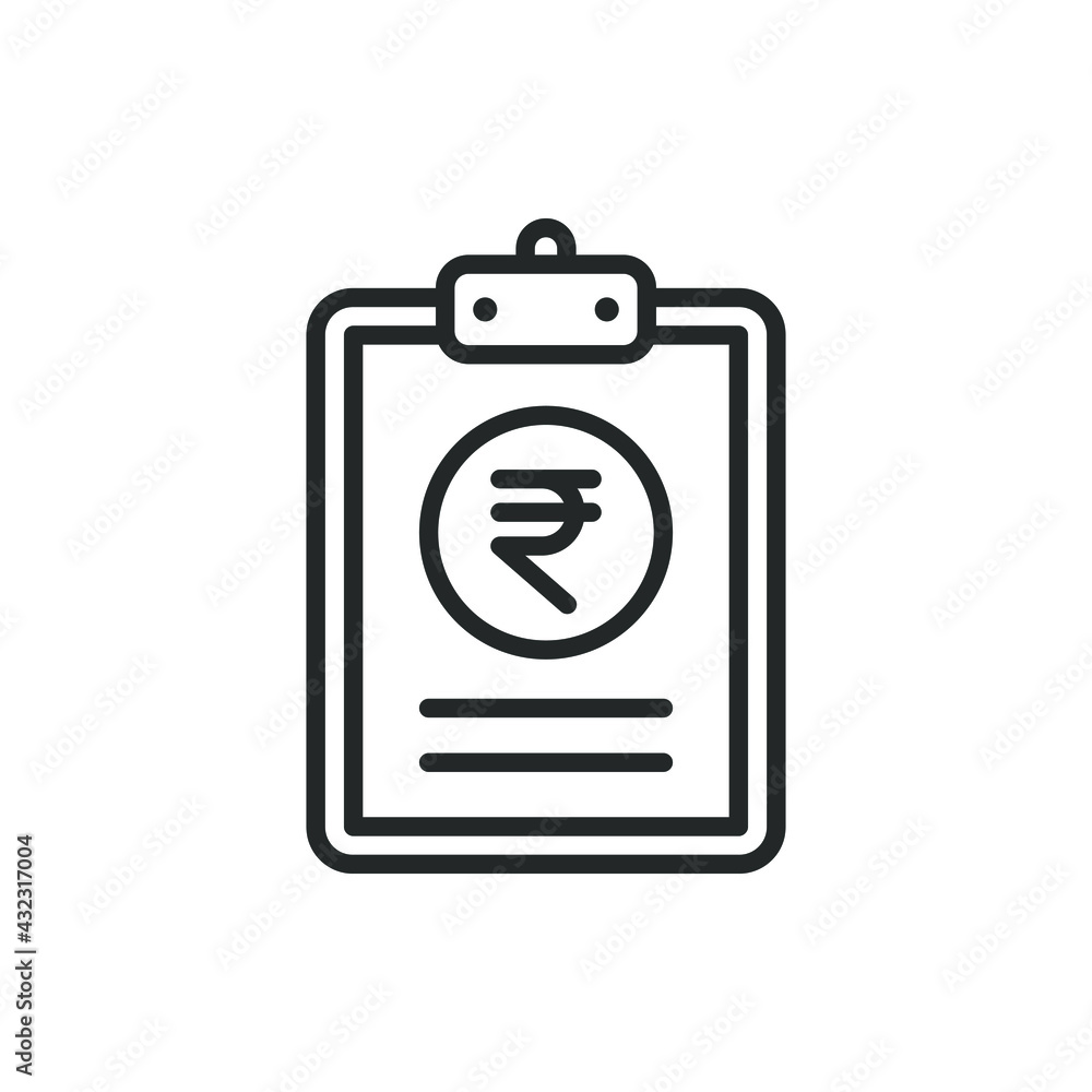 Rupee currency sign on a clipboard. Financial report icon line style isolated on white background. Vector illustration Rupee currency sign on a clipboard. Financial report icon line style isolated on white background. Vector illustration