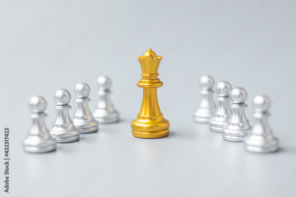 golden chess king pieces or leader businessman stand out of crowd people of silver men. leadership, business, team, teamwork and Human resource management concept golden chess king pieces or leader businessman stand out of crowd people of silver men. leadership, business, team, teamwork and Human resource management concept