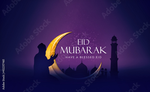 Eid Mubarak Islamic Design Crescent Moon and Arabic Man Praying 
