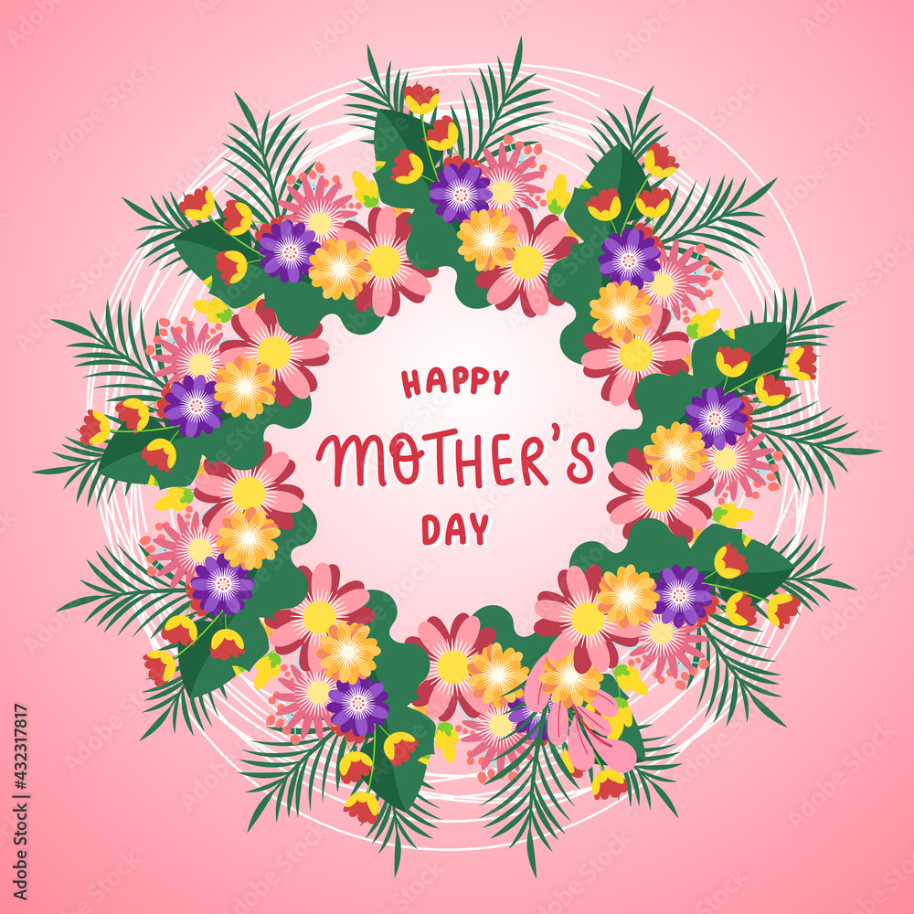 Happy Mothers day handwriting with Round wreath on pink background  , Vector Illustration EPS 10