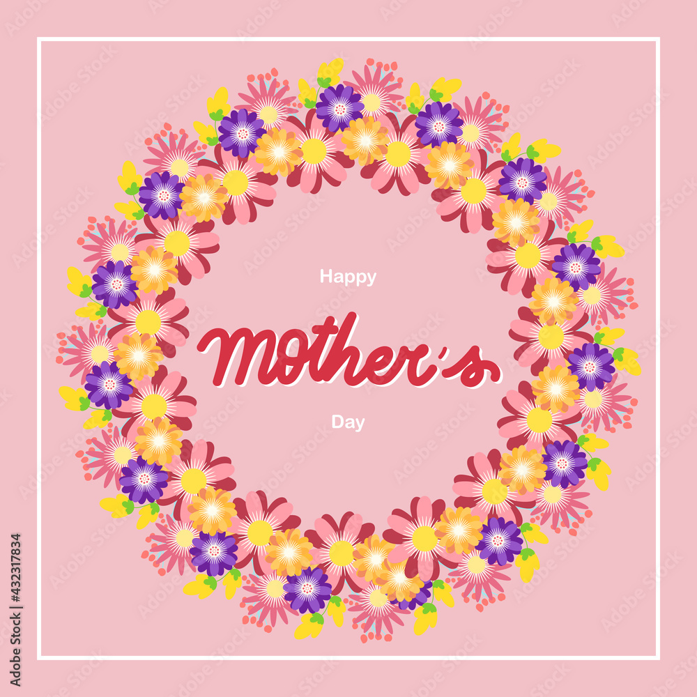 Happy Mothers day handwriting with Round wreath on pink background  , Vector Illustration EPS 10