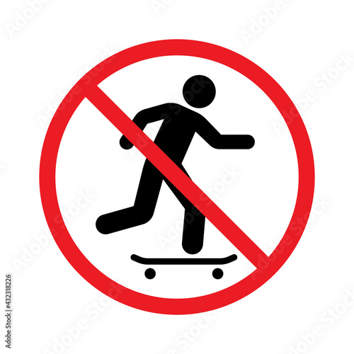 No skateboarding prohibition sign, Forbidden symbol sticker for area places, Banned activities, Isolated on white background, Flat design vector illustration