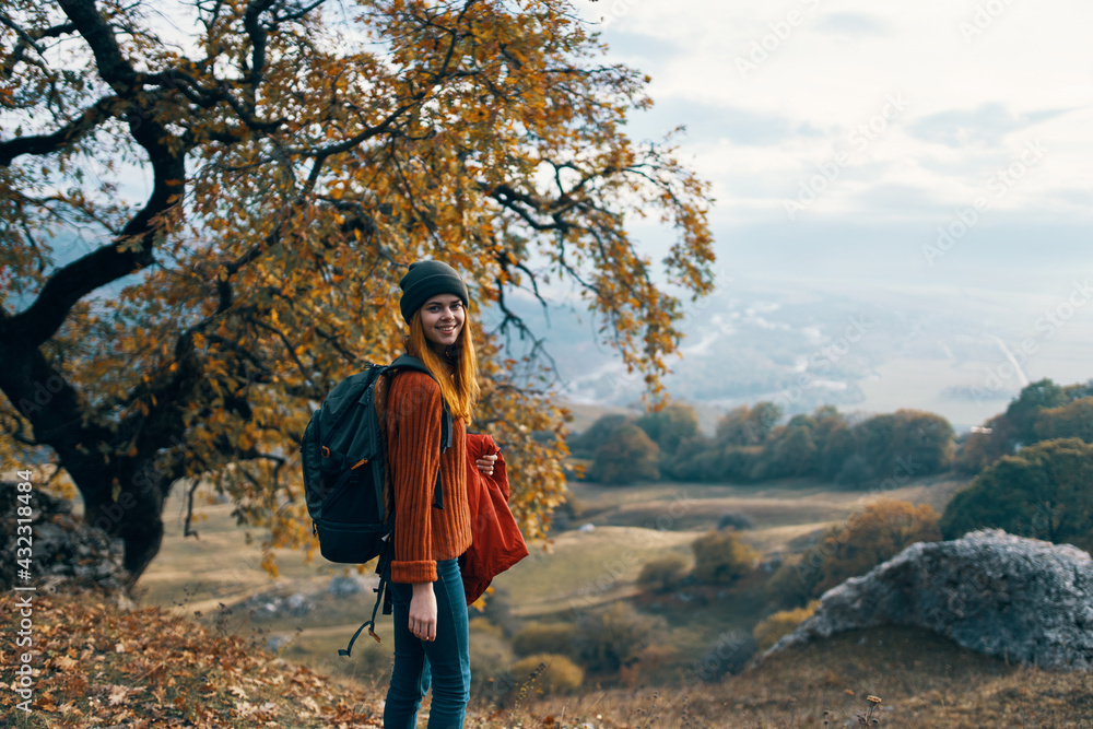 woman hiker landscape travel mountains autumn forest woman hiker landscape travel mountains autumn forest