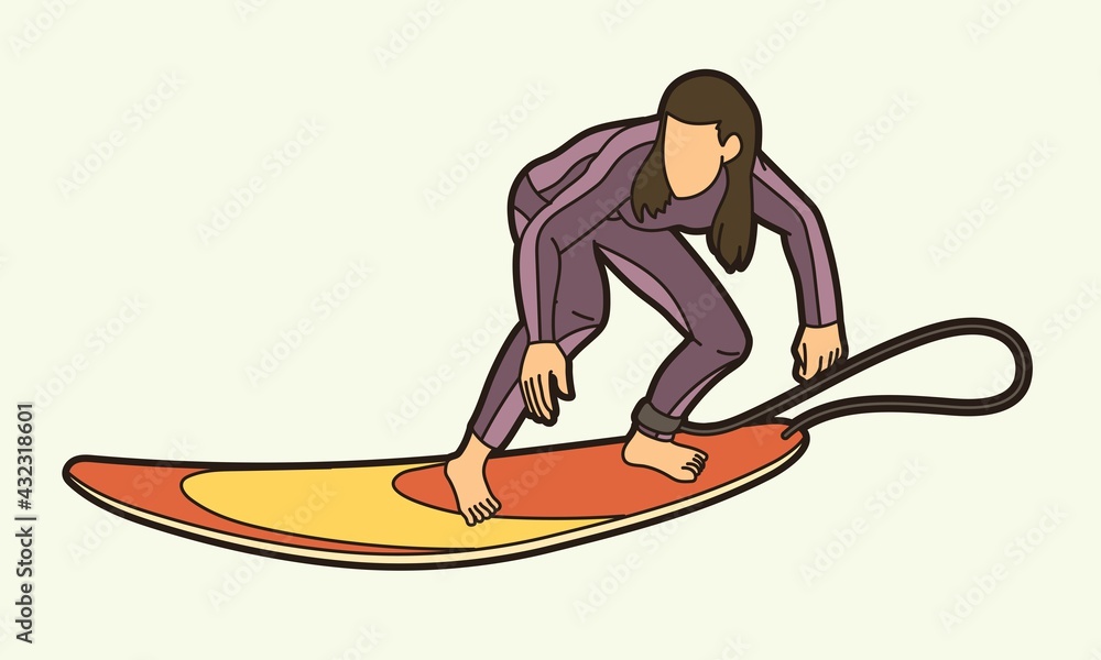 Surfer Surfing Sport Female Player Action Cartoon Graphic Vector