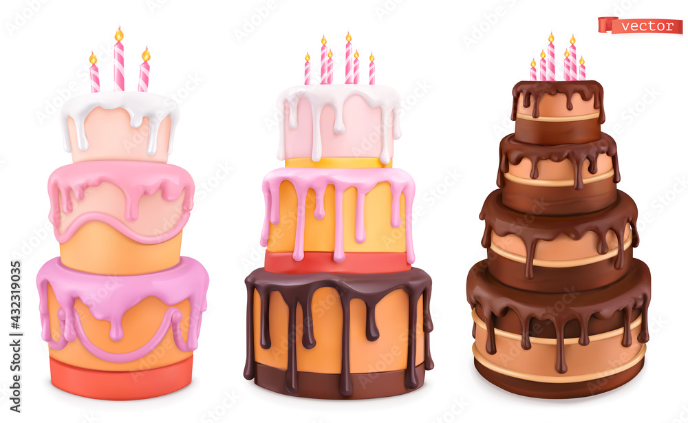 Birthday cake with candles. Happy birthday cartoon. 3d realistic vector set  of objects Stock Vector | Adobe Stock