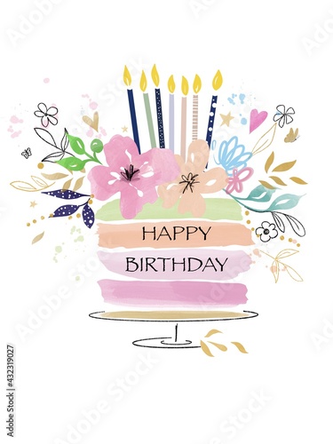 watercolor cake for birthday with flowers and seven candles