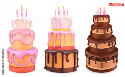 Birthday cake with candles. Happy birthday cartoon. 3d realistic vector set of objects