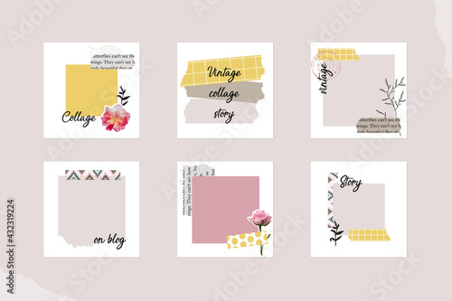 Instagram social media story post feed template. minimal background layout mockup in pastel pink yellow color, light spring summer vector. in vintage retro collage style. for beauty, fashion content